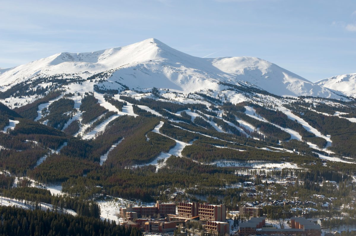 Peaks 8 and 7 of Breckenridge Ski Resort at the height of the ski season - these snow covered mountains provide acres and acres of ski terrain.  The resort consists mainly of four mountains in the Ten Mile Range of the Rocky Mountains.  The town of Breckenridge lies at the base of these ski runs and was first established with the discovery of gold in French Gulch nearby in the 1860's.
